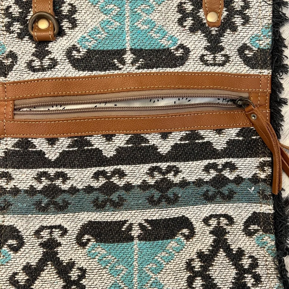 Myra Bag Tan and Blue Patterned Tote Isabela tote Western style 16x18 - Picture 3 of 12